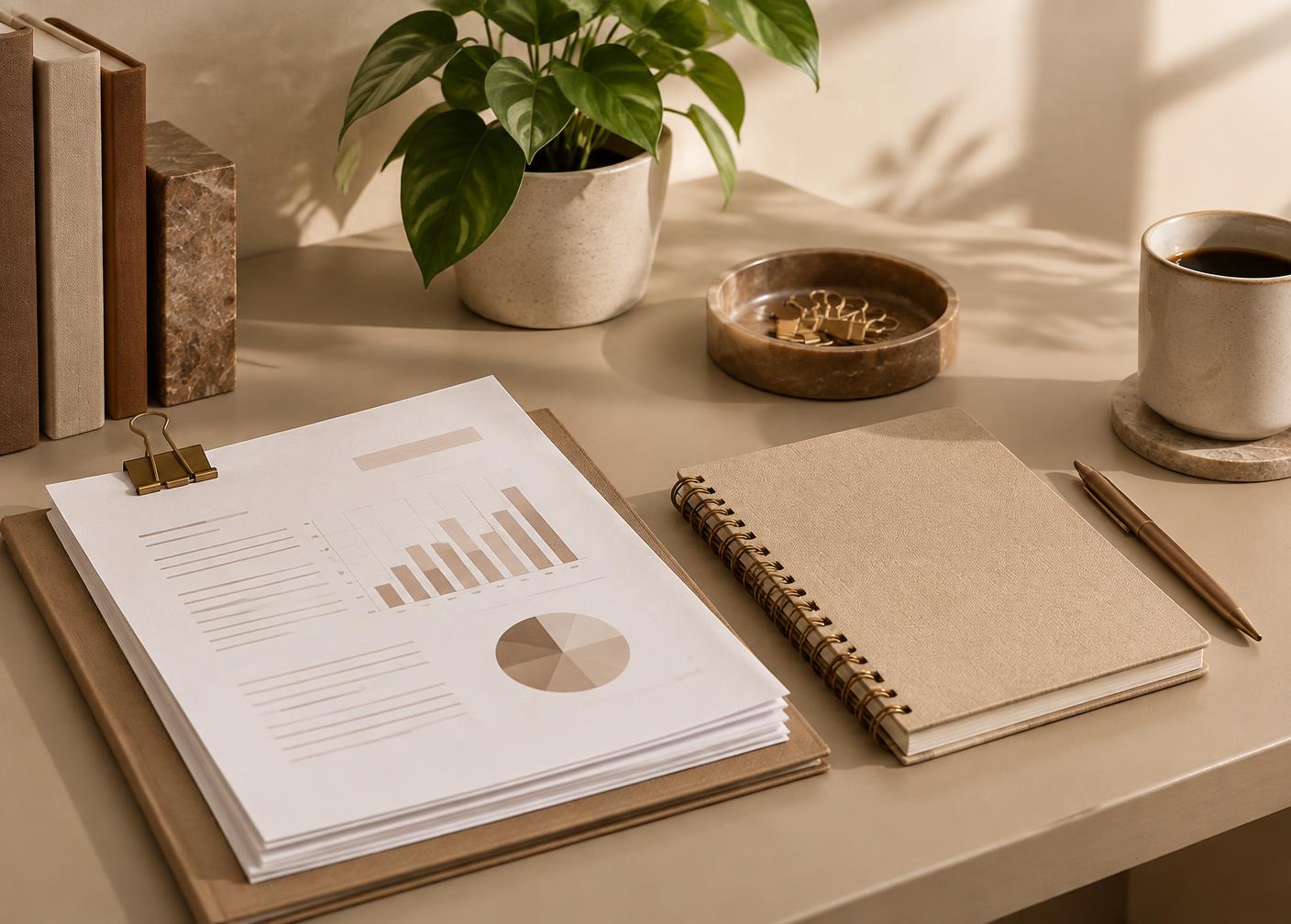 Documentos contábeis organizados sobre uma mesa de trabalho com caderno e caneta